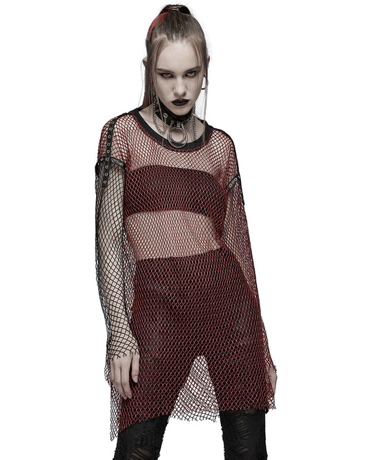 WT-698 Womens Daily Punk Splicing Fishnet Top - Red & Black