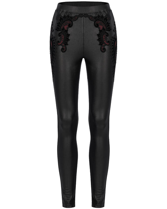 WK-516 Womens Gothic Lace Applique Leggings - Black & Red