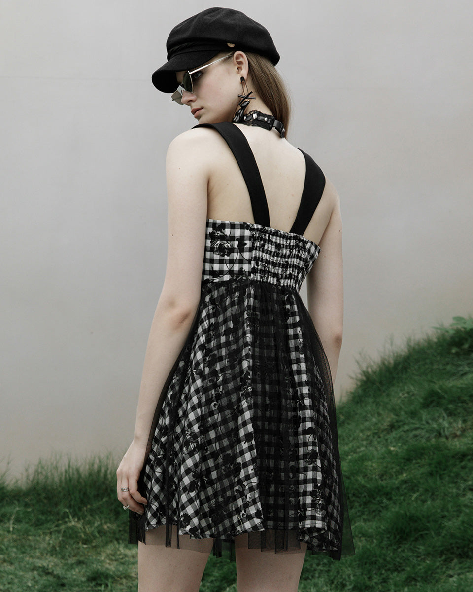 OPQ-1131 Daily Life SkullFlower Lolita Mini Dress - Black & White Plaid