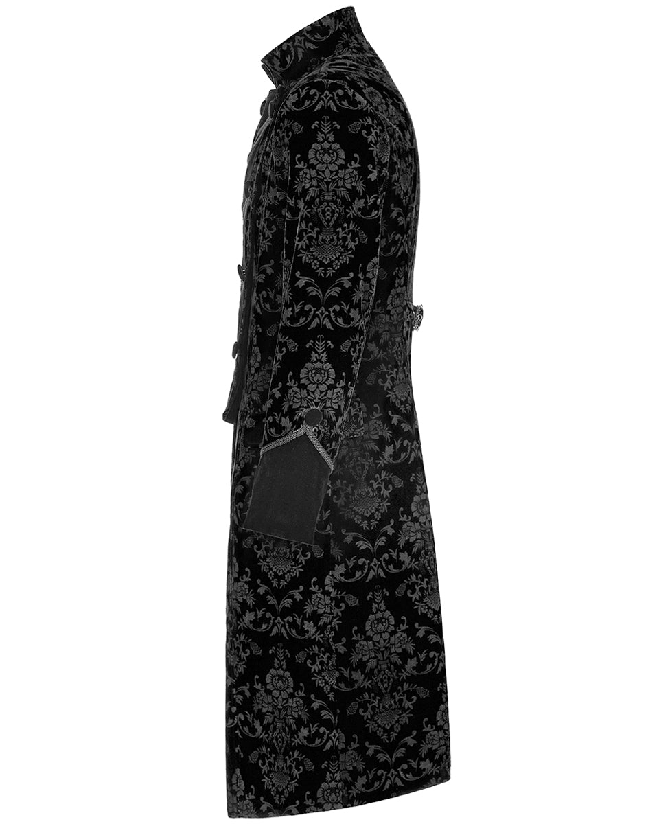 WY-1429 Mens Dark Gothic Aristocrat Coat - Black Damask Velvet