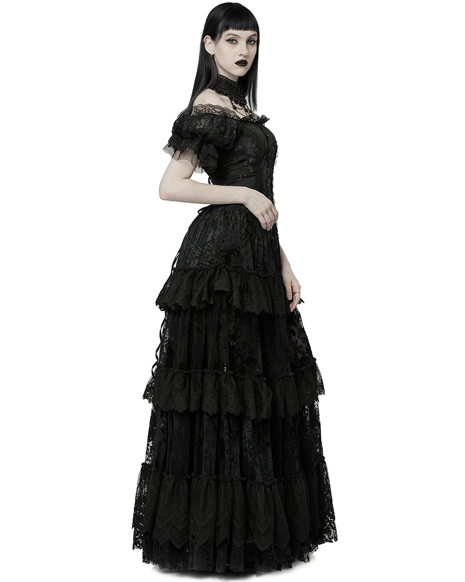 WQ-613 Dark Decadence Flocked Lace Gothic Wedding Dress - Black Punk Rave WQ-613 Dark Decadence Flocked Lace Gothic Wedding Dress - Black Punk Rave