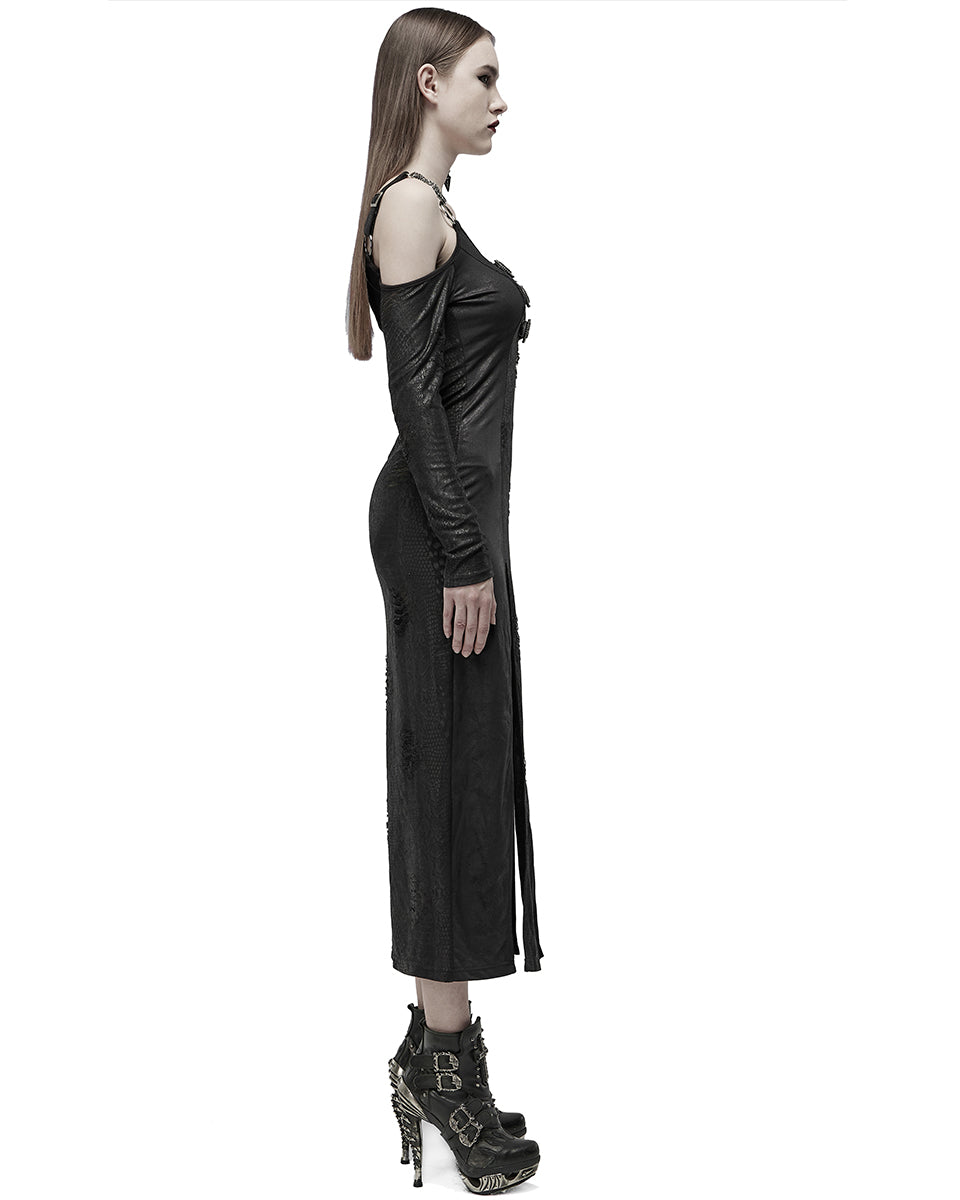 WQ-553 Womens Long Gothic Cyber Punk Serpentine Side Splits Maxi Dress