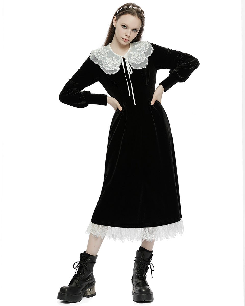 OPQ-1320 Daily Life RetroGothic Velvet Midi Dress & Lace Collar - Black & White