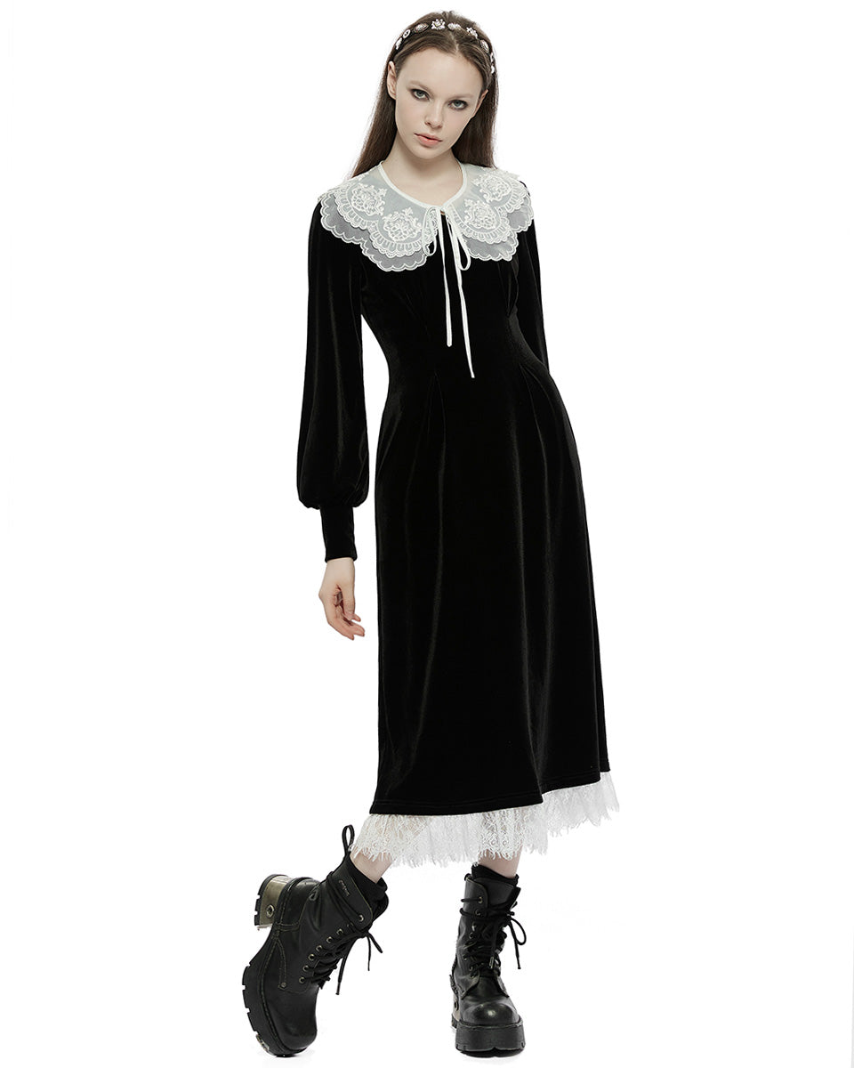 OPQ-1320 Daily Life RetroGothic Velvet Midi Dress & Lace Collar - Black & White