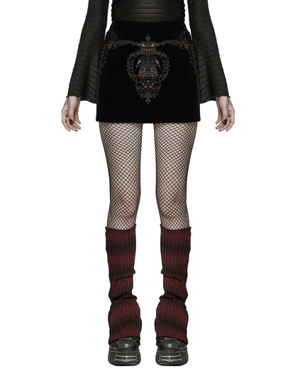 WQ-566 Womens Gothic Lace Applique Velvet Mini Skirt - Black & Red