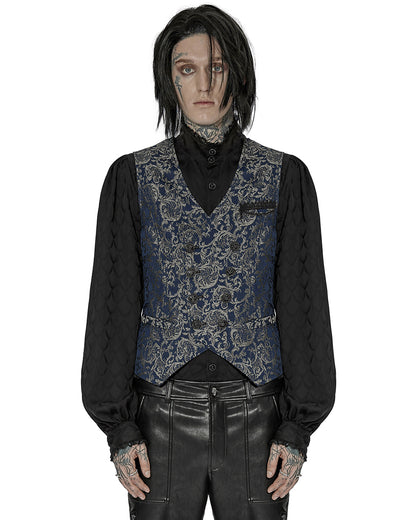WY-1436 Mens Dark Gothic Aristocrat Chained Waistcoat Vest - Blue Jacquard