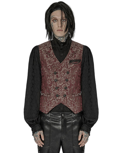 WY-1436 Mens Dark Gothic Aristocrat Chained Waistcoat Vest - Red Jacquard