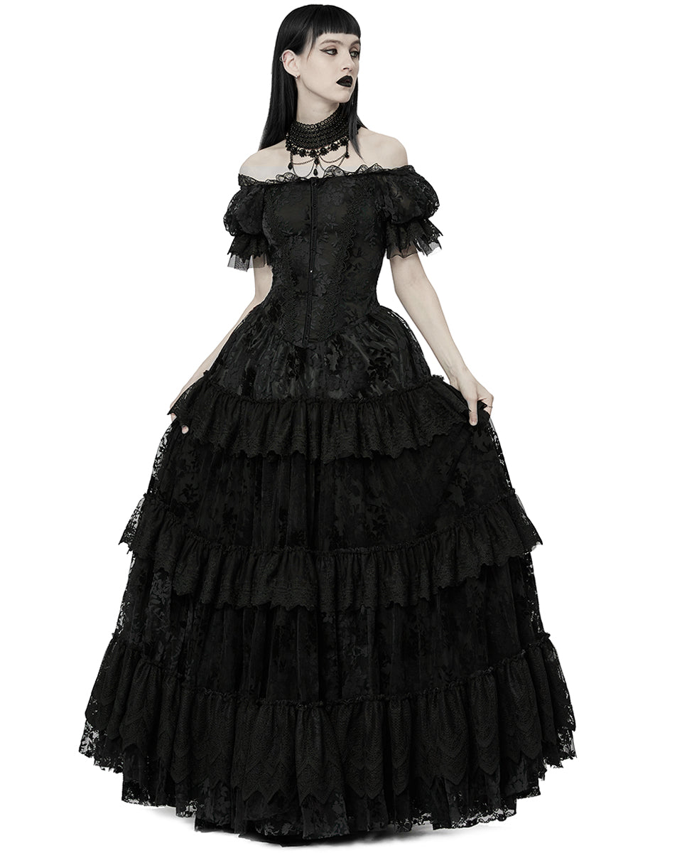 WQ-613 Dark Decadence Flocked Lace Gothic Wedding Dress - Black