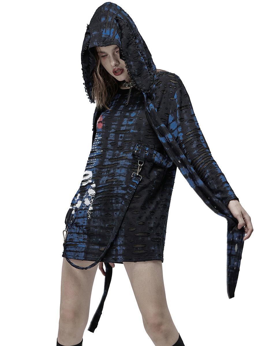 WT-710 Womens Broken Knit Shredded Bondage Top & Scarf Hood - Black & Blue