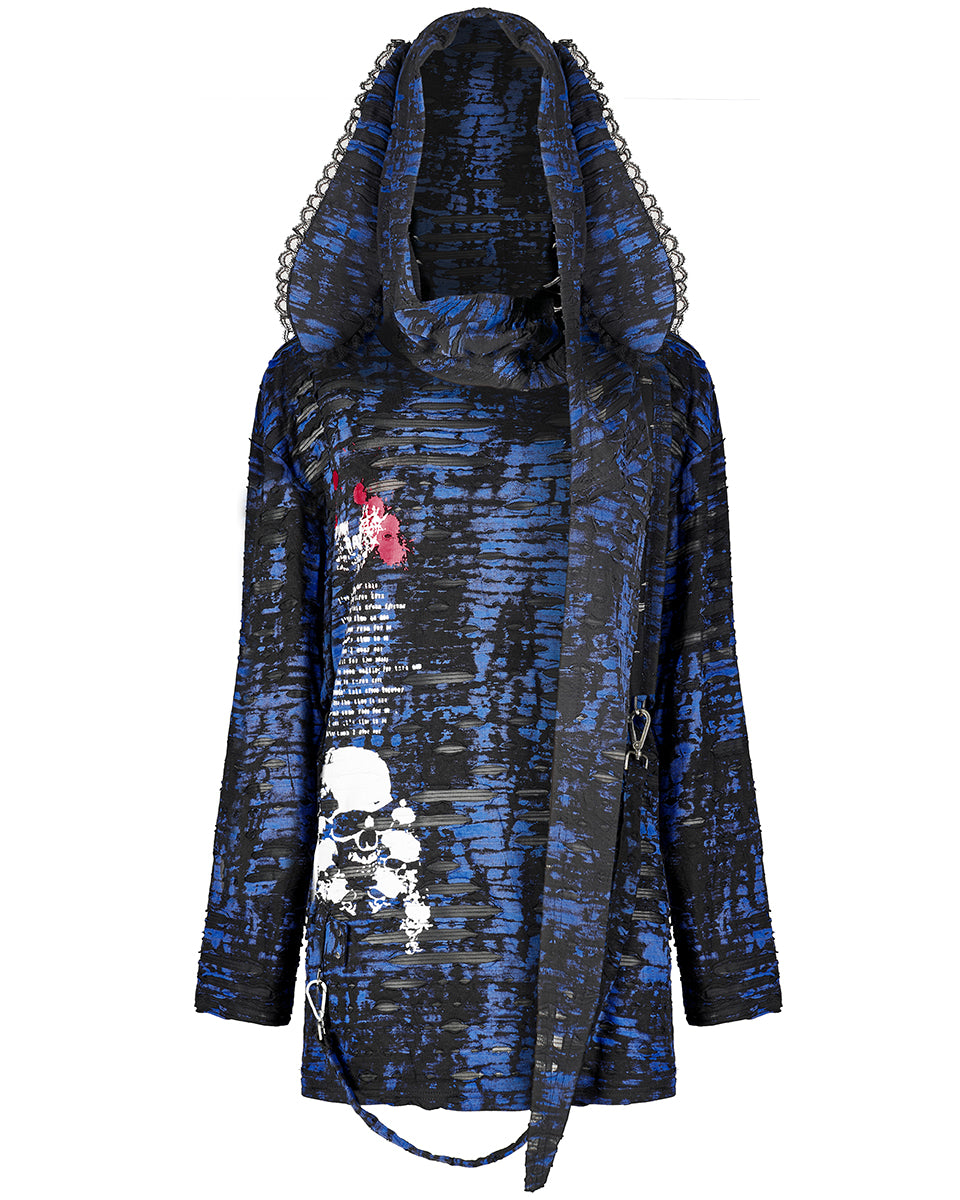 WT-710 Womens Broken Knit Shredded Bondage Top & Scarf Hood - Black & Blue