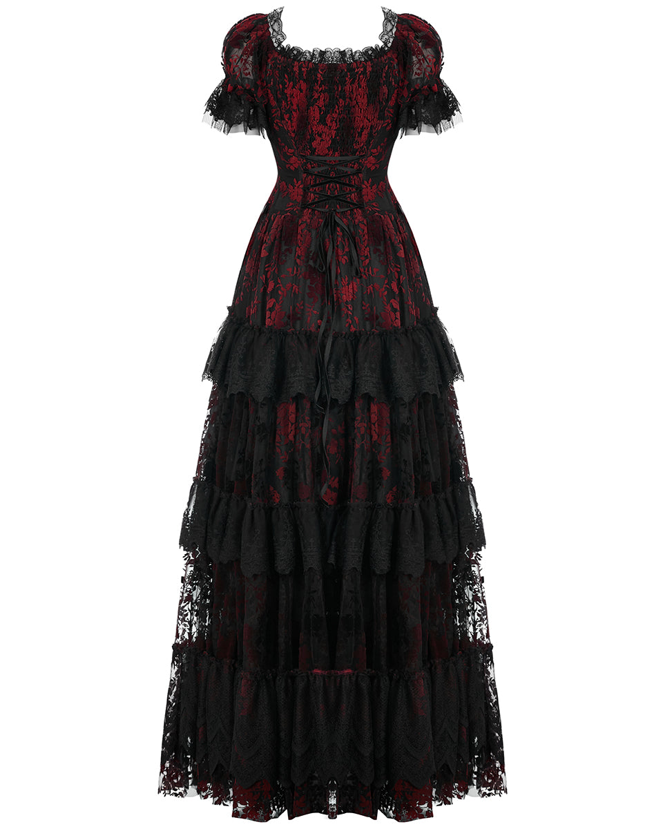 WQ-613 Dark Decadence Flocked Lace Gothic Wedding Dress - Black & Red Punk Rave WQ-613 Dark Decadence Flocked Lace Gothic Wedding Dress - Black & Red Punk Rave