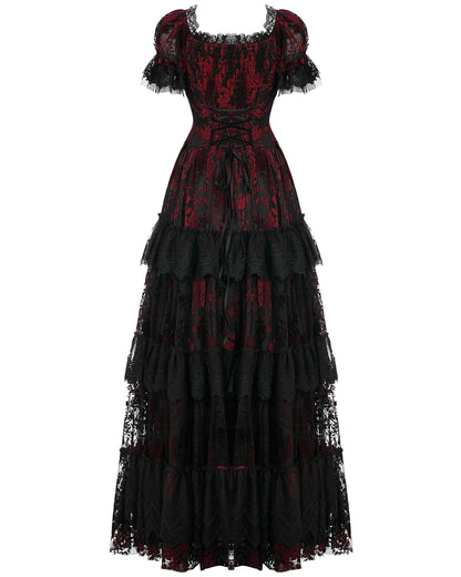 WQ-613 Dark Decadence Flocked Lace Gothic Wedding Dress - Black & Red