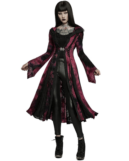 WY-1392 Womens Gothic Tie Dye Hooded Cloak Jacket - Black & Red