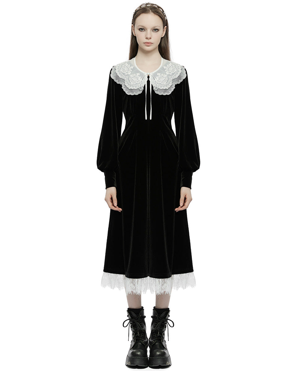 OPQ-1320 Daily Life RetroGothic Velvet Midi Dress & Lace Collar - Black & White