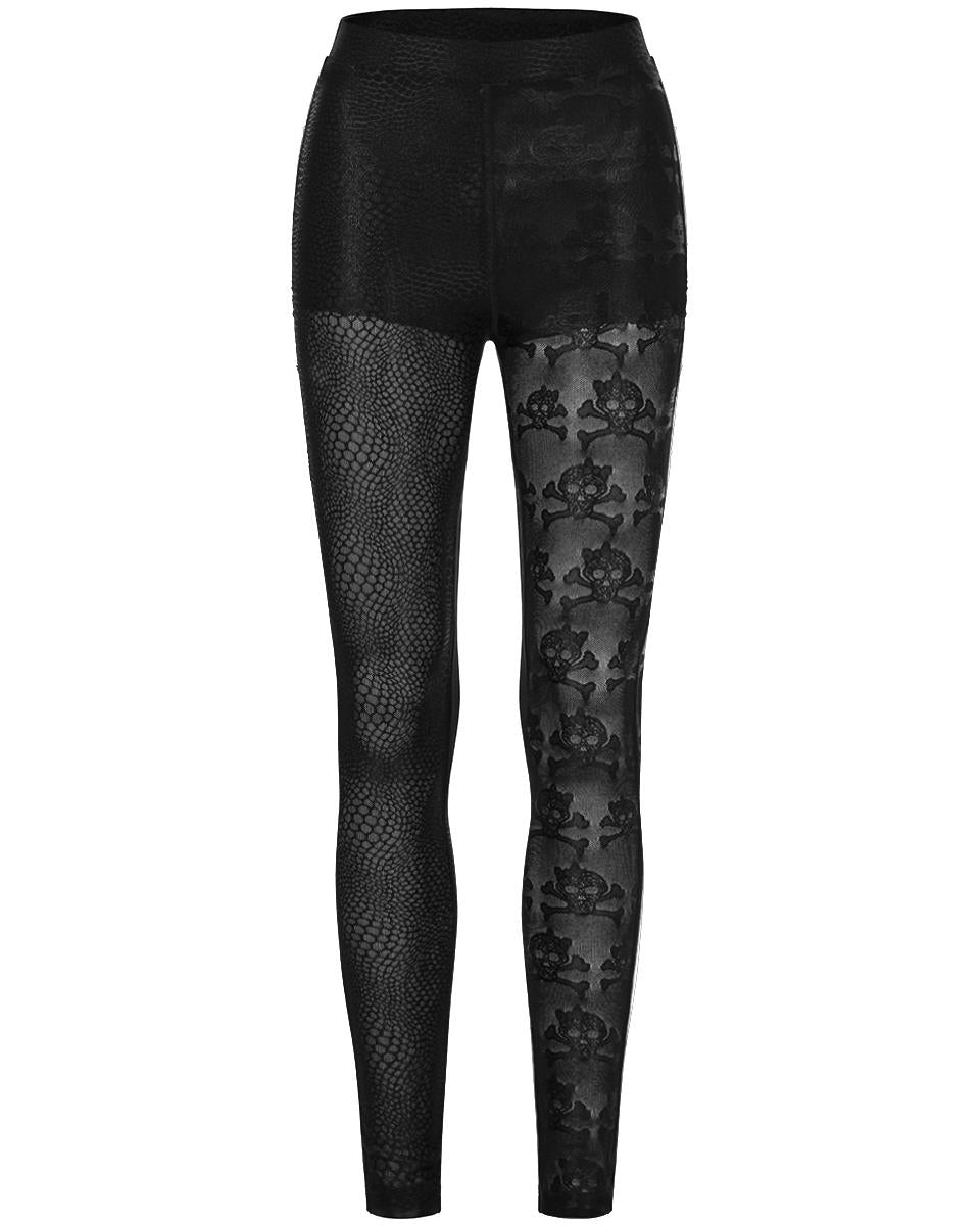 WK-521 Womens Gothic Split Leg Skull Mesh Leggings