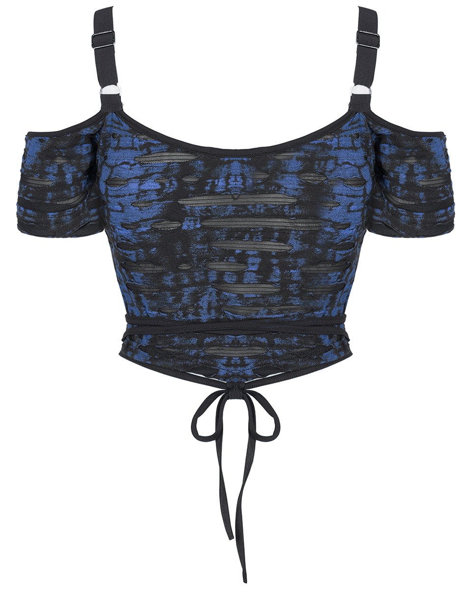 WT-707 Womens Broken Knit Shredded Mesh Strapping Top - Black & Blue