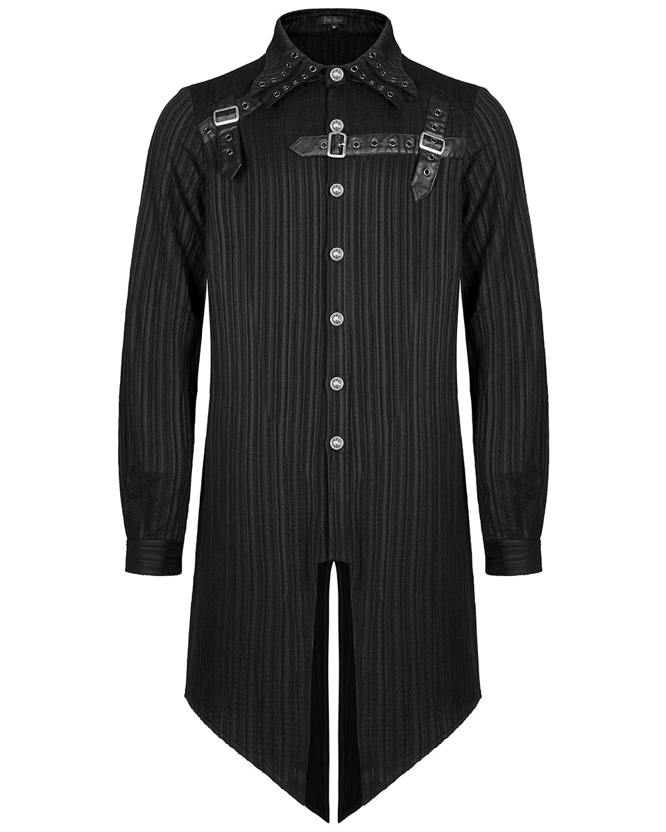 WY-1370 Mens Dark Gothic Longline Dovetail Shirt - Black Stripe