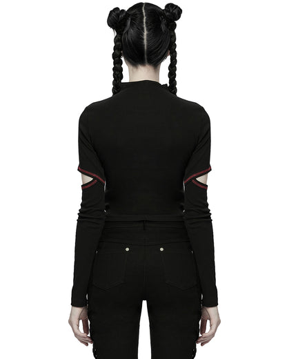 WT-746 Womens Cyberpunk Cut Out Splicing Top - Black & Red
