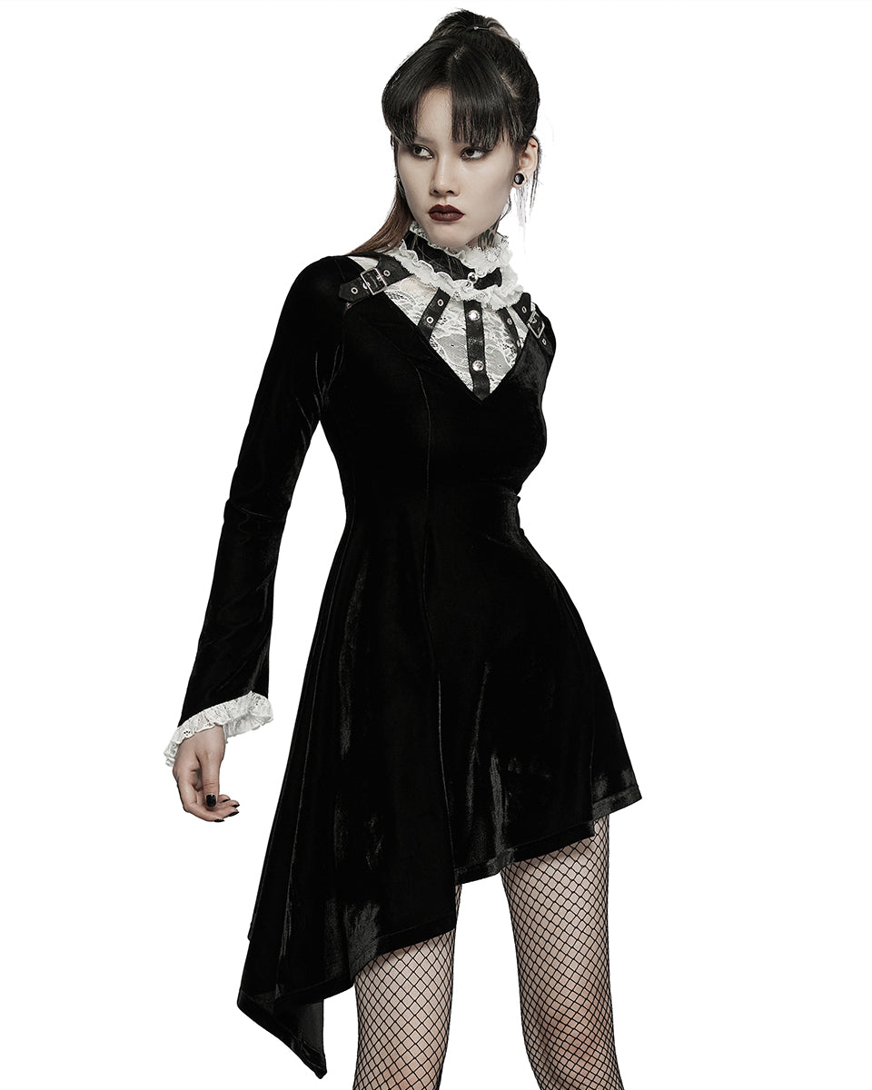 WQ-584 Womens Gothic Asymmetric Velvet Evening Dress - Black & White