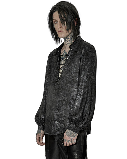 WY-1432 Mens Gothic Studded Lace Up Pirate Shirt - Black & Silver