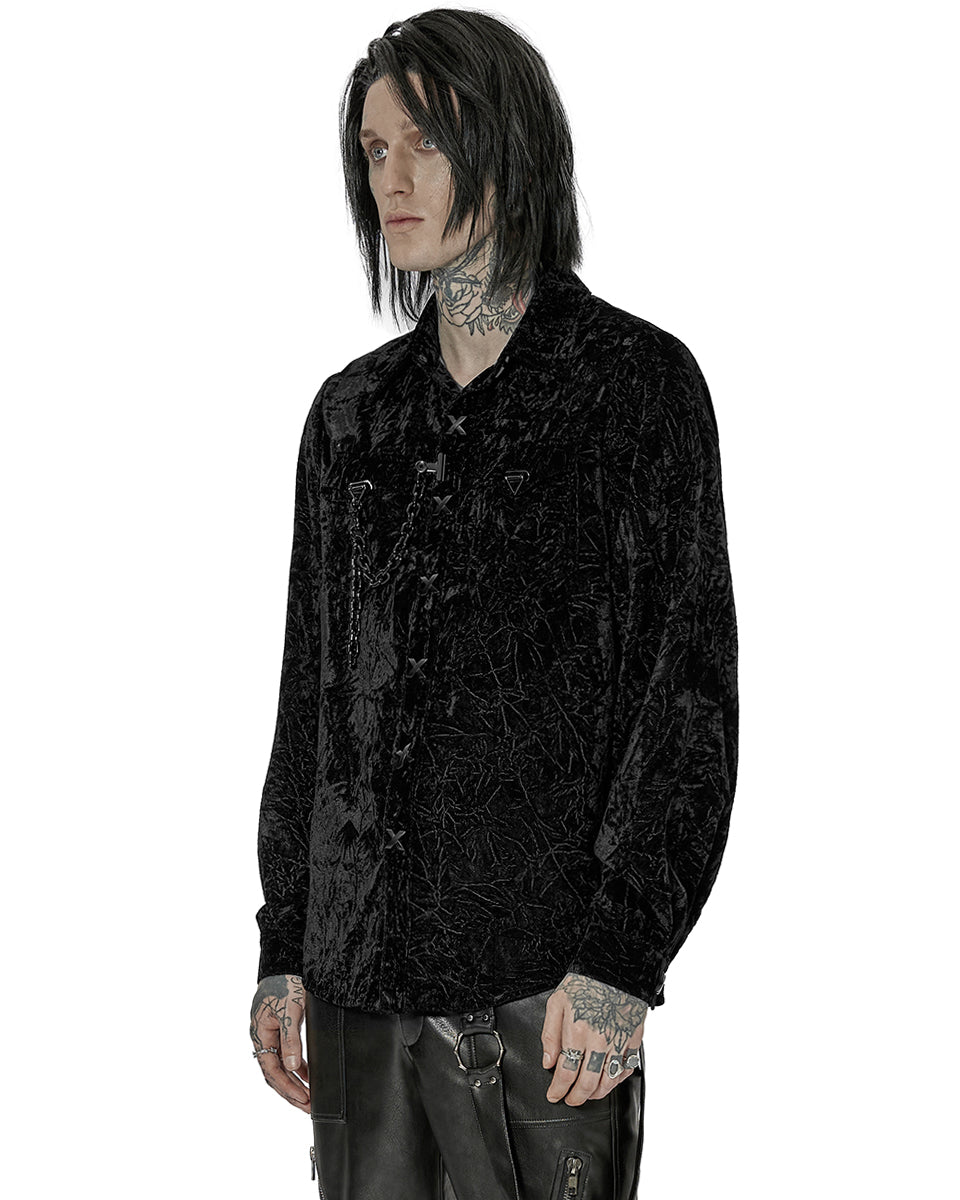 WY-1441 Mens Gothic Crimped Velvet Chained Dress Shirt - Black