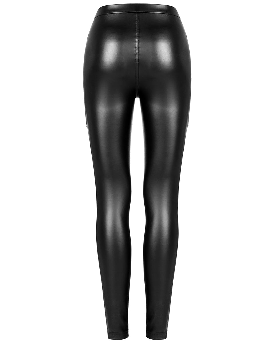 WK-490 Womens Gothic Cyberpunk Cutout Leggings - Black PU – Punk Rave