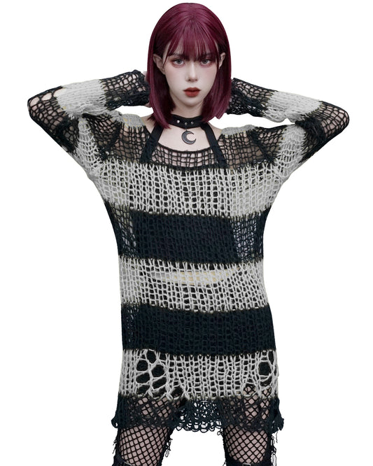 WM-072 Womens Shredded Broken Knit Sweater Top - Black & White Stripe