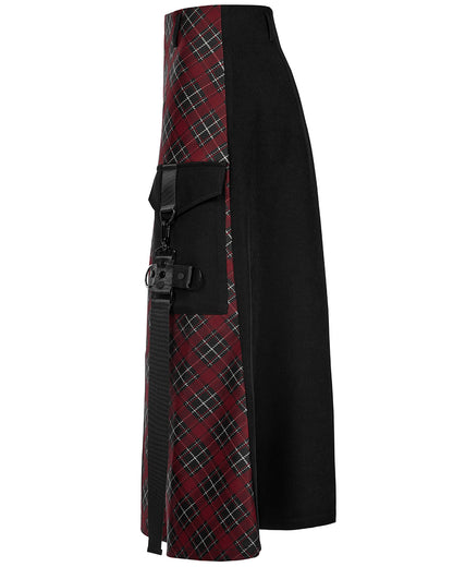 OPQ1339 Daily Life Gothic Techwear Cargo Midi Skirt - Black & Red Plaid