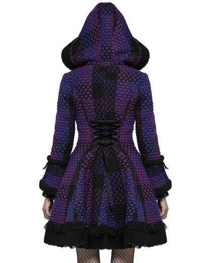 WLY-102 Pyon Pyon Womens Gothic Lolita Hooded Coat - Black & Purple Check