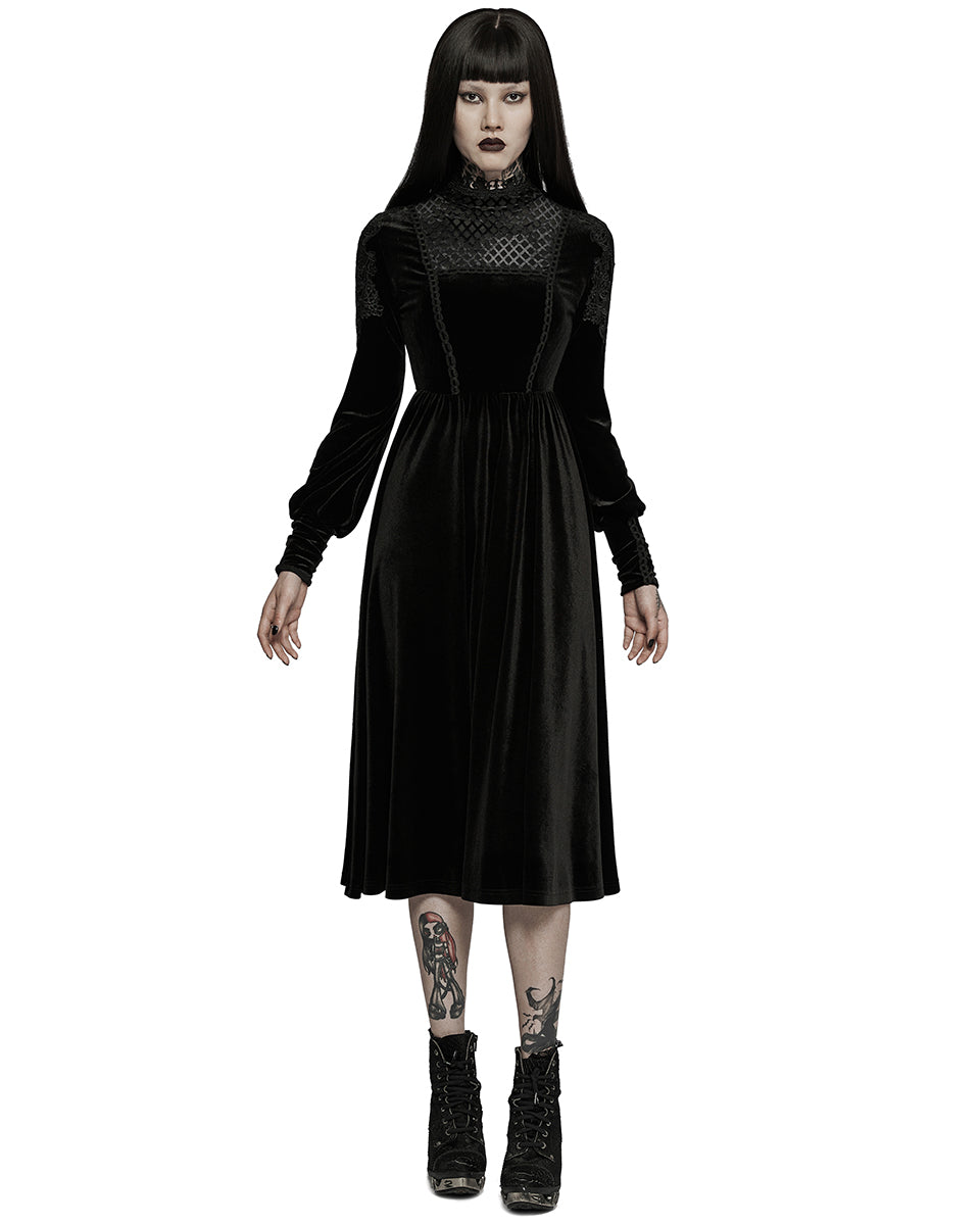 WQ-586 Womens Gothic Lace Applique Velvet Mourning Dress