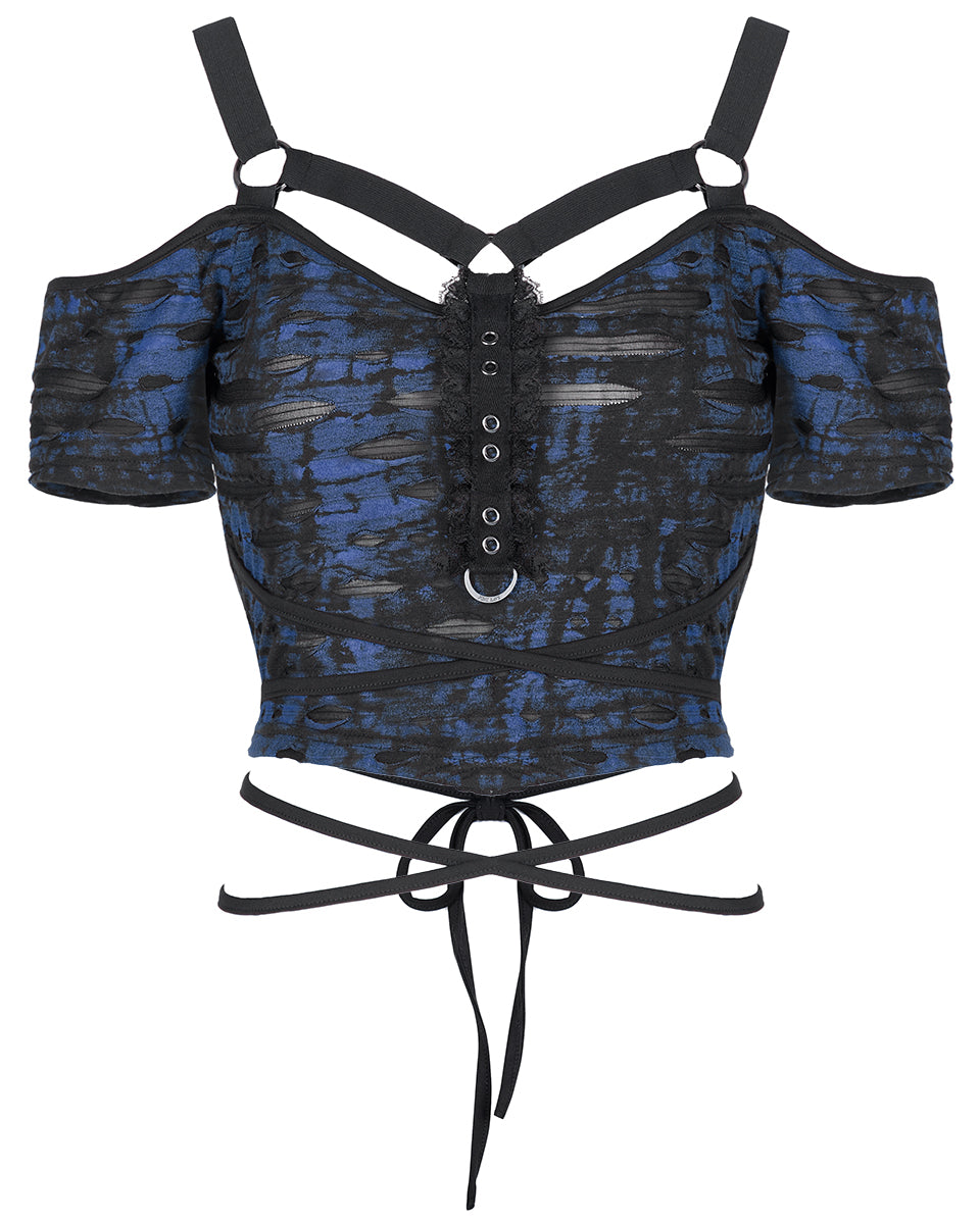 WT-707 Womens Broken Knit Shredded Mesh Strapping Top - Black & Blue