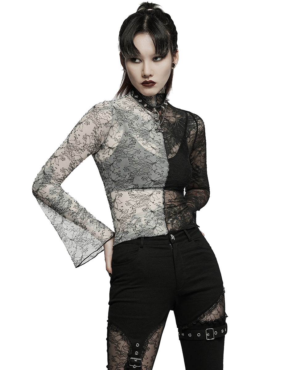 WT-727 Womens Gothic Poison Ivy Sheer Mesh Split Top - Black