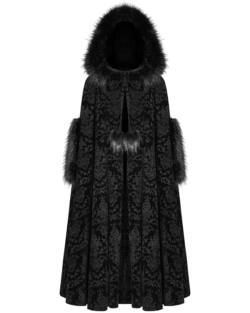 WY-1038 Cassiopeia Womens Gothic Velvet Cloak - Black Damask