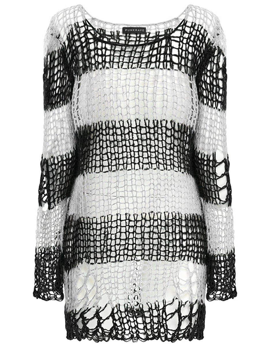 Maglione Goth Y2K A Righe Strappato: Il Pullover Oversize Grunge Con Effetto Distressed Per Un Look Emo, Rave O Punk! Morbido E Largo, Perfetto Per Primavera E Autunno