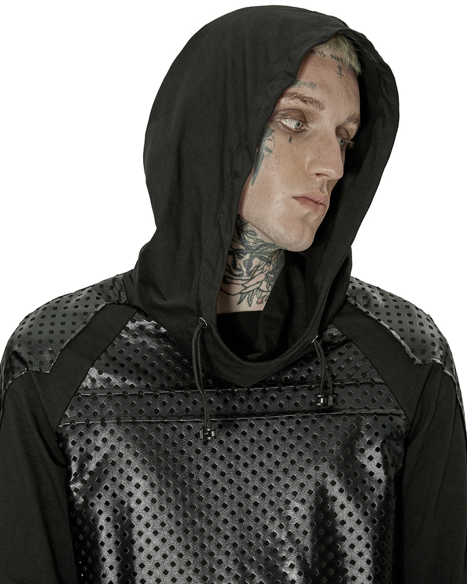 WT-736 Mens Cyberpunk Hooded PU Panelling Top