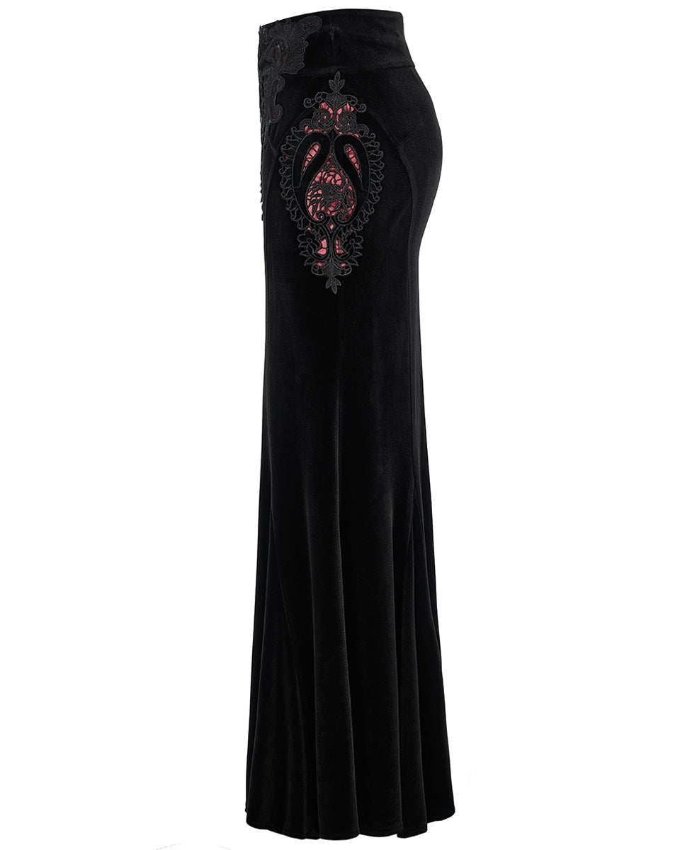 WQ-567 Womens Gothic Lace Applique Velvet Maxi Skirt - Black & Red