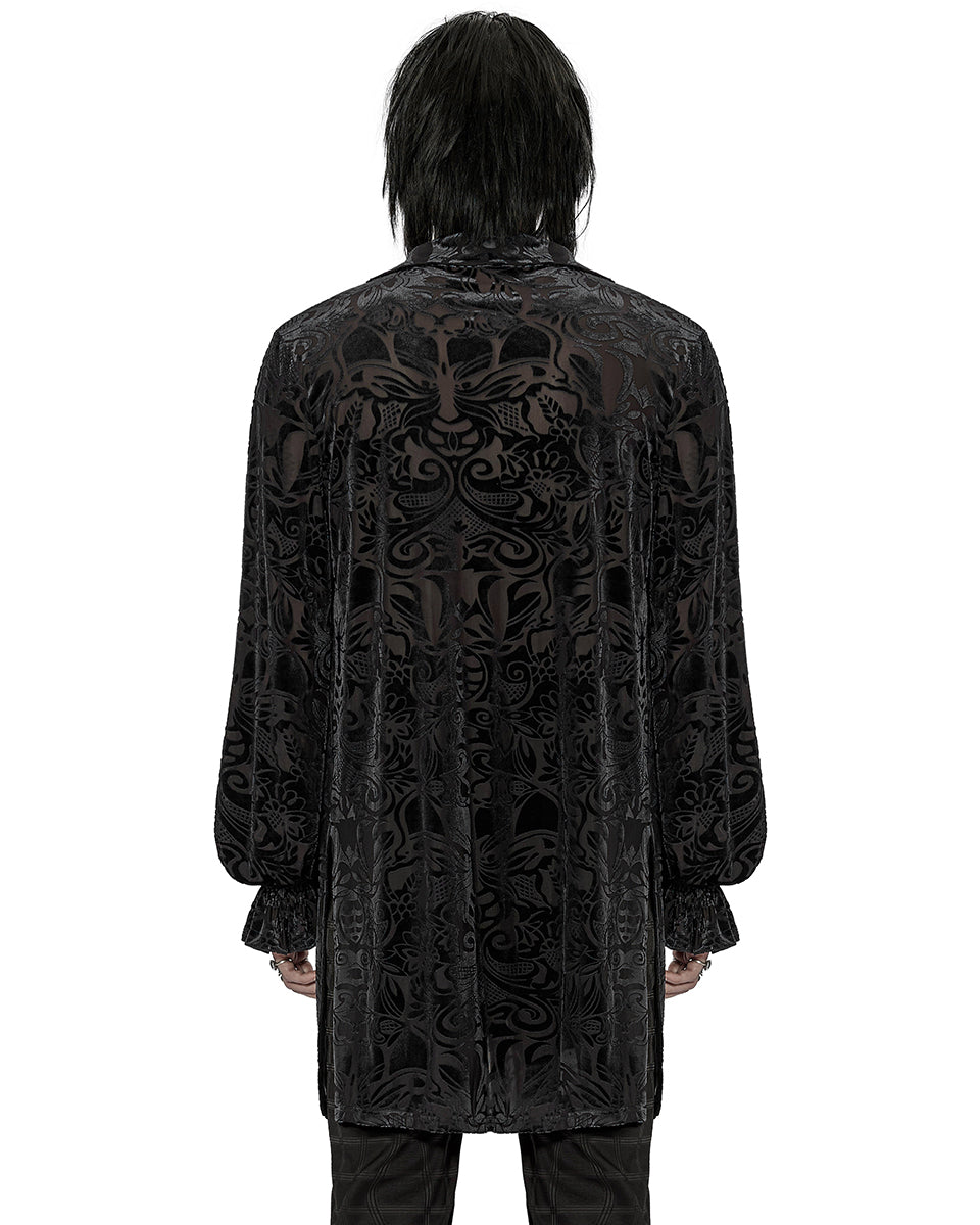 WY-1416 Mens Longline Baroque Gothic Velvet Flocked Shirt - Black