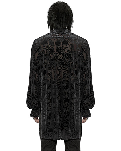 WY-1416 Mens Longline Baroque Gothic Velvet Flocked Shirt - Black