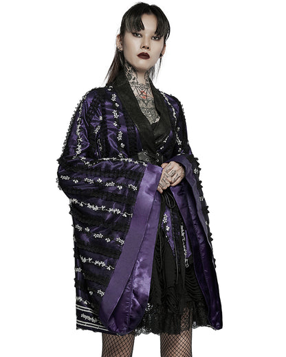 WLY-103 Pyon Pyon Womens Gothic Lolita Floral Embroidered Kimono Jacket - Purple & Black