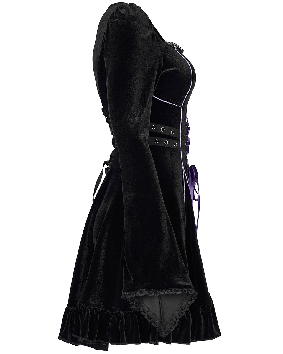 WLQ-102 Pyon Pyon Womens Gothic Harlequin Velvet Dress - Black & Purple