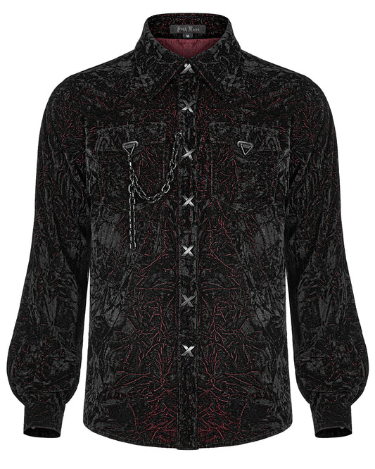 WY-1441 Mens Gothic Crimped Velvet Chained Dress Shirt - Black & Red