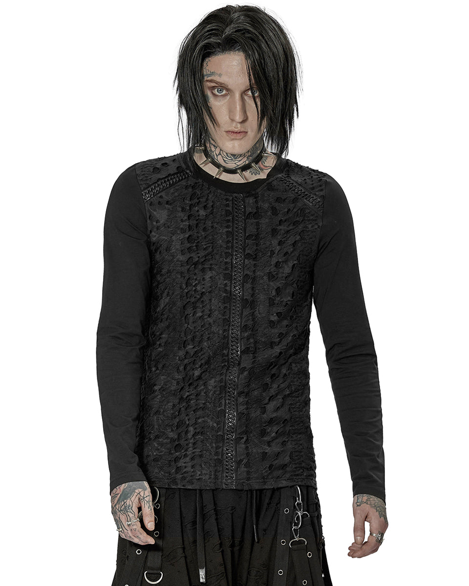 WT-753 Mens Dark Dystopian Gothic Sectional Broken Knit Top