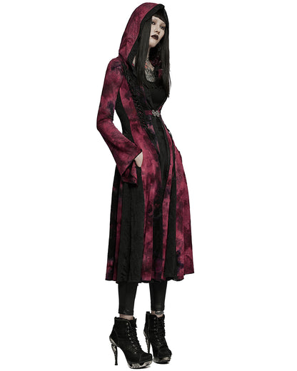 WY-1392 Womens Gothic Tie Dye Hooded Cloak Jacket - Black & Red