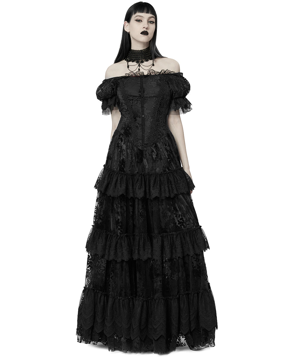 WQ-613 Dark Decadence Flocked Lace Gothic Wedding Dress - Black Punk Rave WQ-613 Dark Decadence Flocked Lace Gothic Wedding Dress - Black Punk Rave