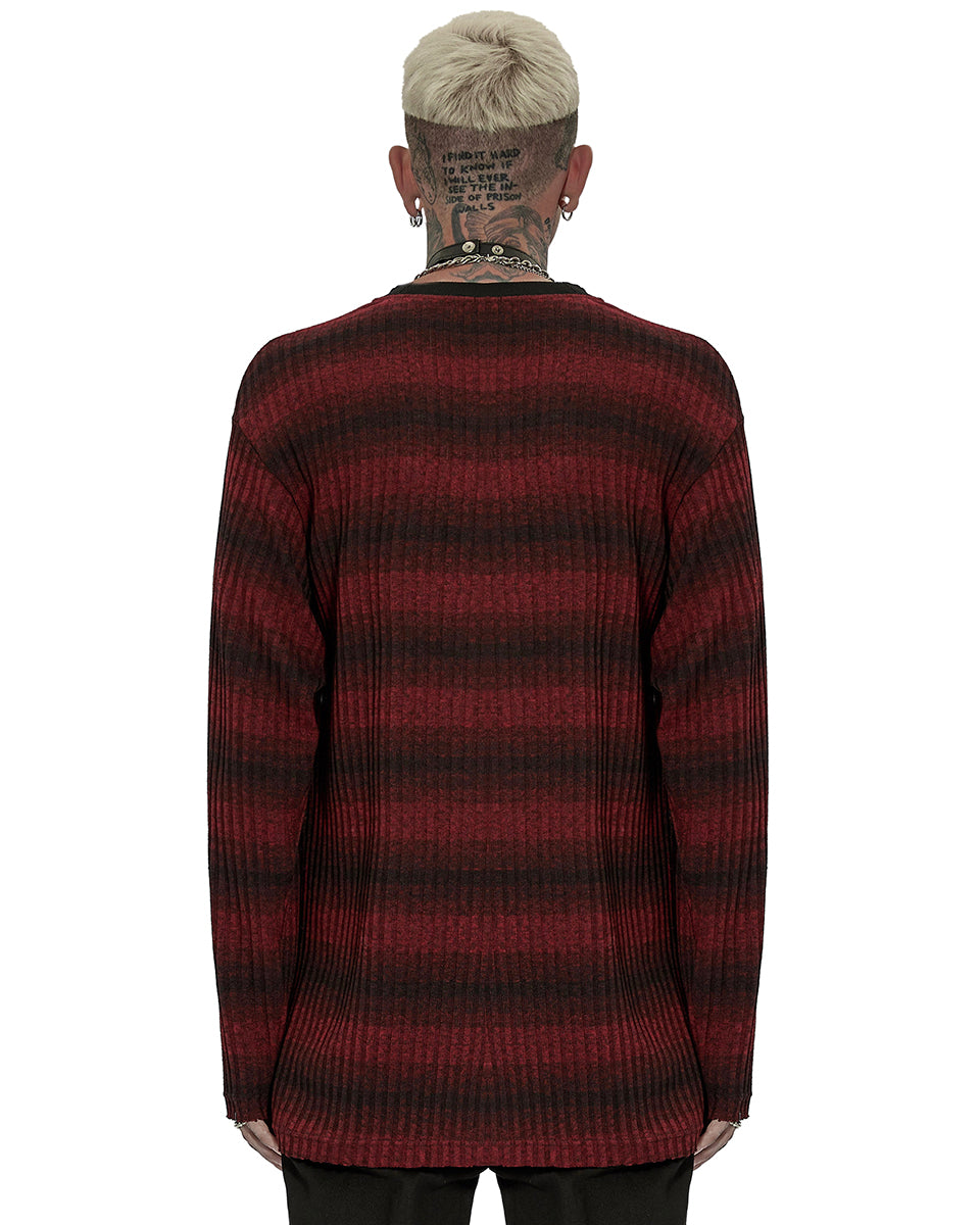 WT-735 Mens Dark Punk Striped Knit Sweater Top Black Red