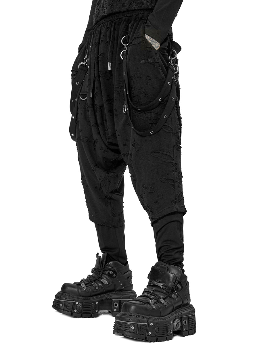 WK 525 Mens Apocalyptic Punk Broken Knit Drop Crotch Harem Pants