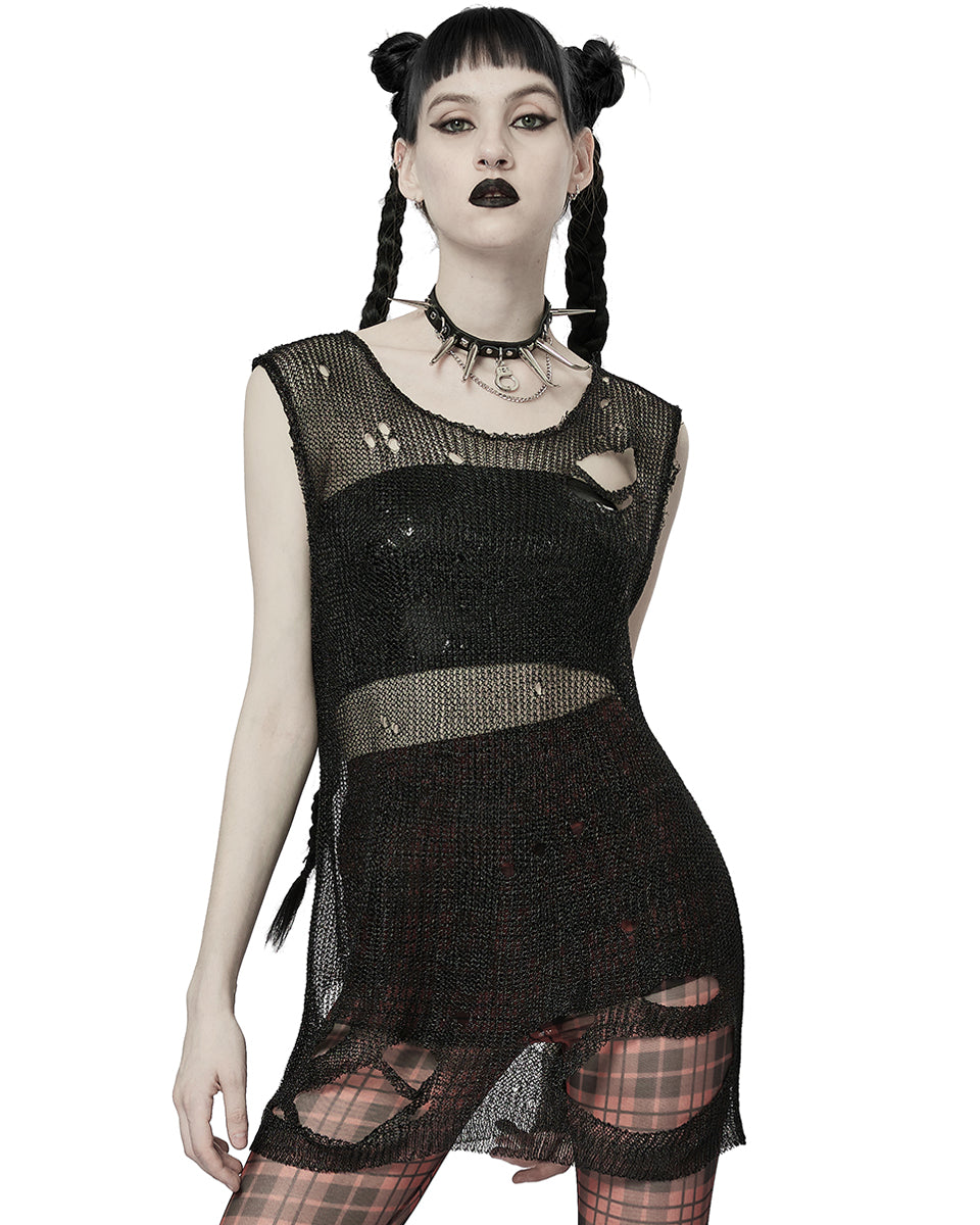 WM- Womens Apocalyptic Grunge Shredded Faux Chainmail Sleeveless Sweater