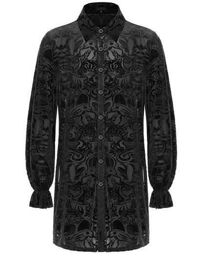 WY-1416 Mens Longline Baroque Gothic Velvet Flocked Shirt - Black