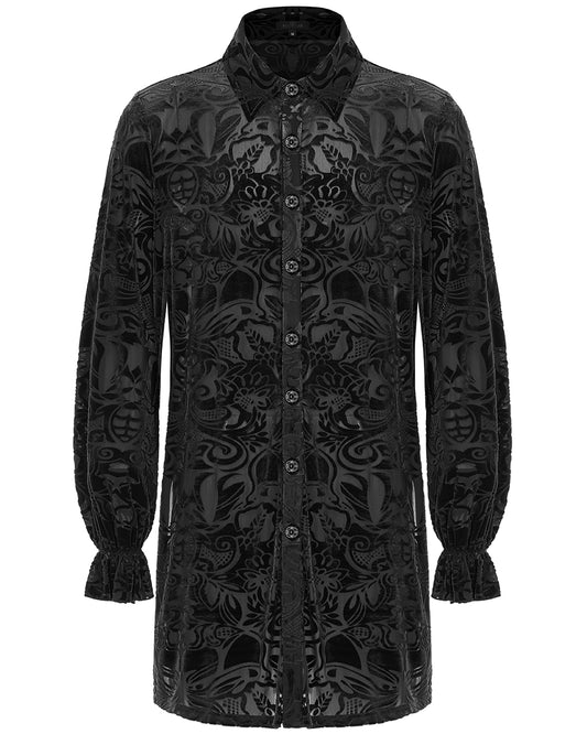 WY-1416 Mens Longline Baroque Gothic Velvet Flocked Shirt - Black
