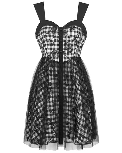 OPQ-1131 Daily Life SkullFlower Lolita Mini Dress - Black & White Plaid